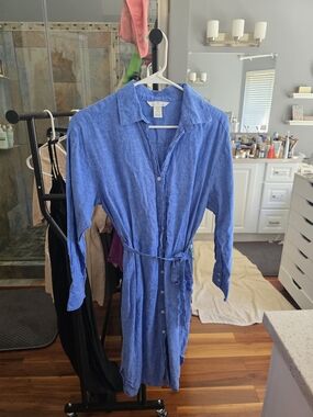 H&M Blue Long-Sleeve Button-Front Shirt Dress with Tie Belt
